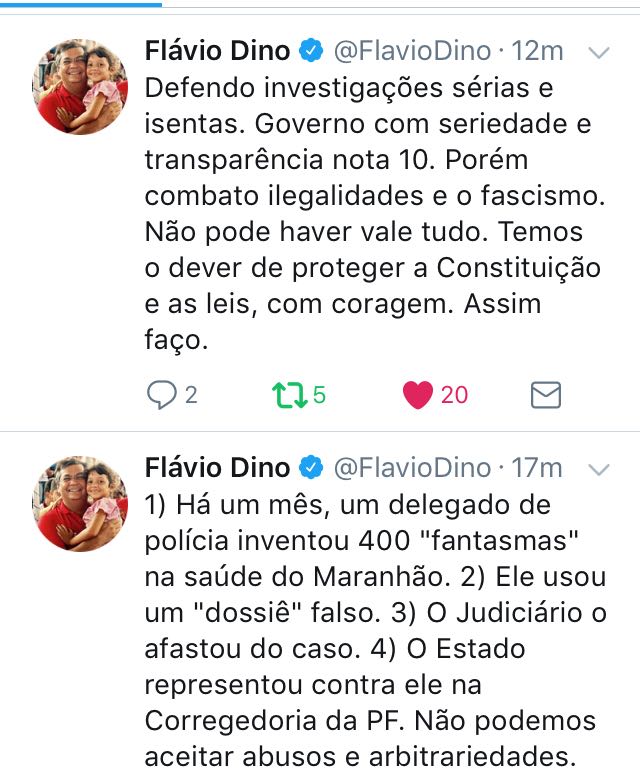 Mensagens de Flávio Dino no twitter reagindo contra supostos abusos da PF na Operação Pegadores